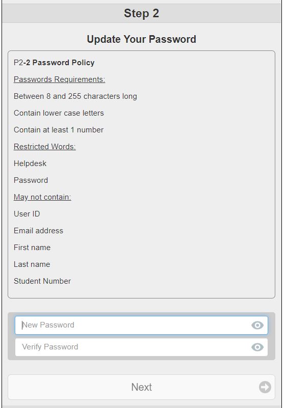 Screenshot of Step 2 of the PWCS Password Reset page